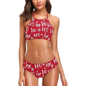 Womens Red Halter Neack High Waist Padded Swimsuit